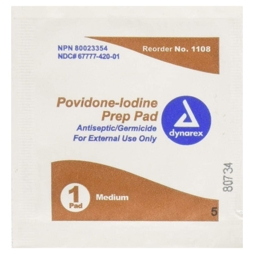 PVP Prep Pad Dynarex 10% Strength Povidone-Iodine Individual Packet Medium NonSterile, 100/BX10BX/CS