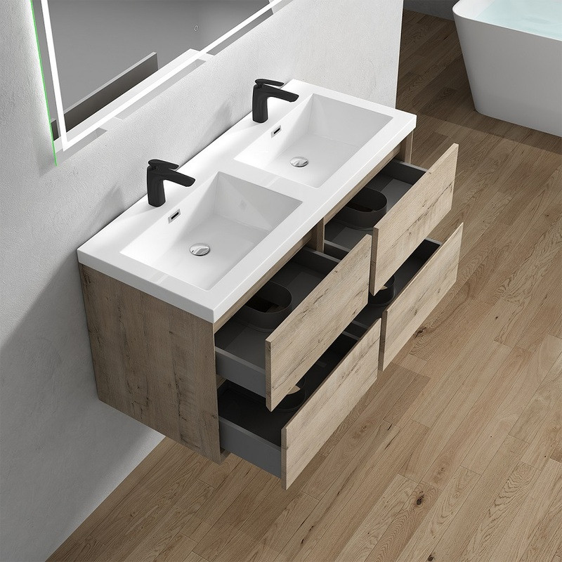 SLIM 48" LIGHT WHITE OAK WALL MOUNTED VANITY WITH REINFORCED ACRYLIC ...