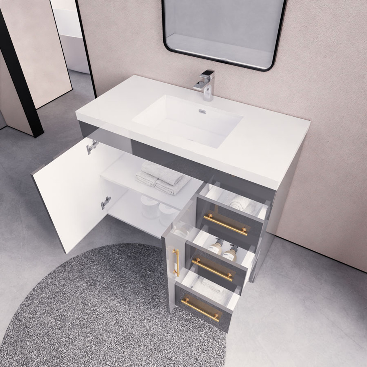 ELSA 42 WALL MOUNTED VANITY WITH REINFORCED ACRYLIC SINK (LEFT SIDE DRAWERS)  (ELSA42LWH)