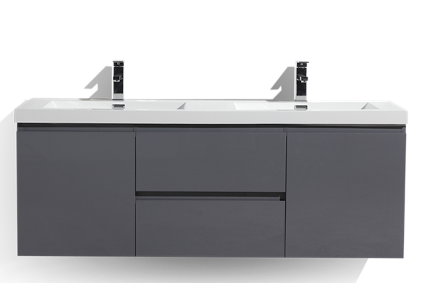 MORENO MOB 60" DOUBLE SINK HIGH GLOSS GREY WALL MOUNTED MODERN BATHROOM VANITY WITH REEINFORCED