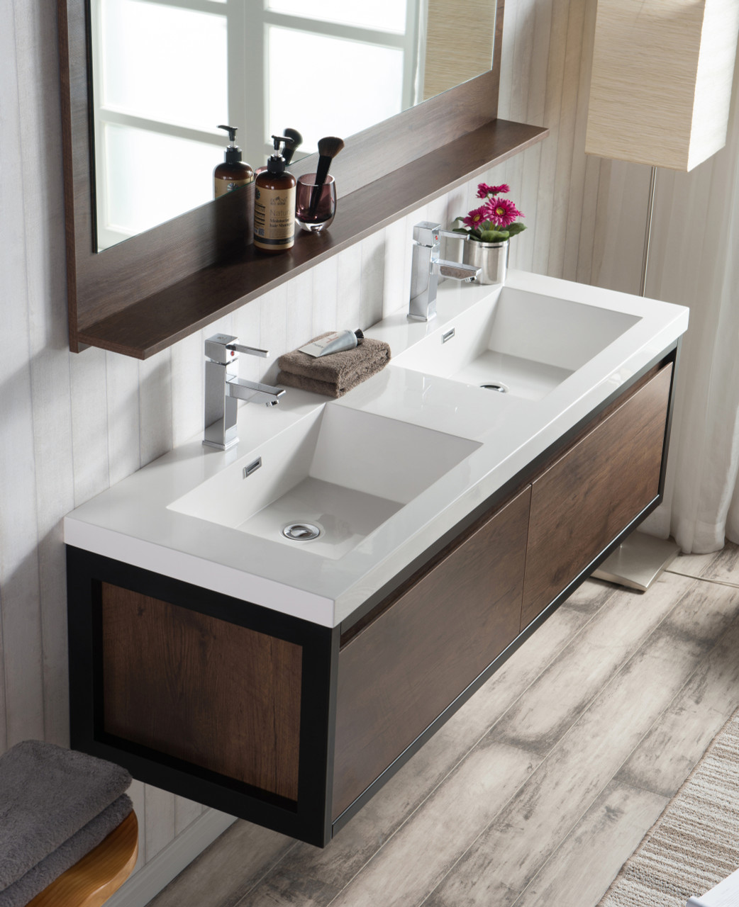 Lake 60" Rosewood Wall Hung Modern Bathroom Vanity with ...