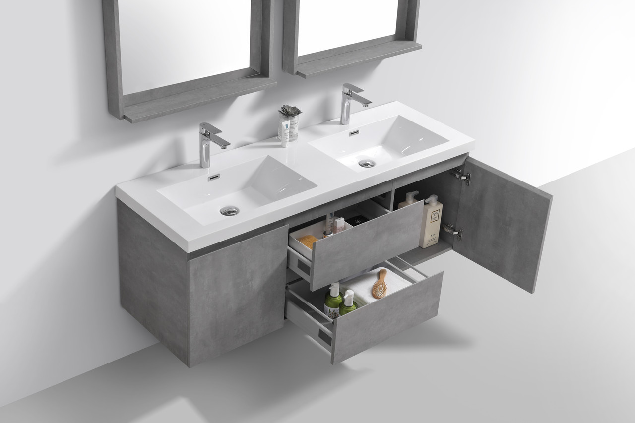 Featured image of post Concrete Double Sink Vanity - Side view of modern bathroom with white and concrete walls, concrete floor, comfortable bathtub and double sink.