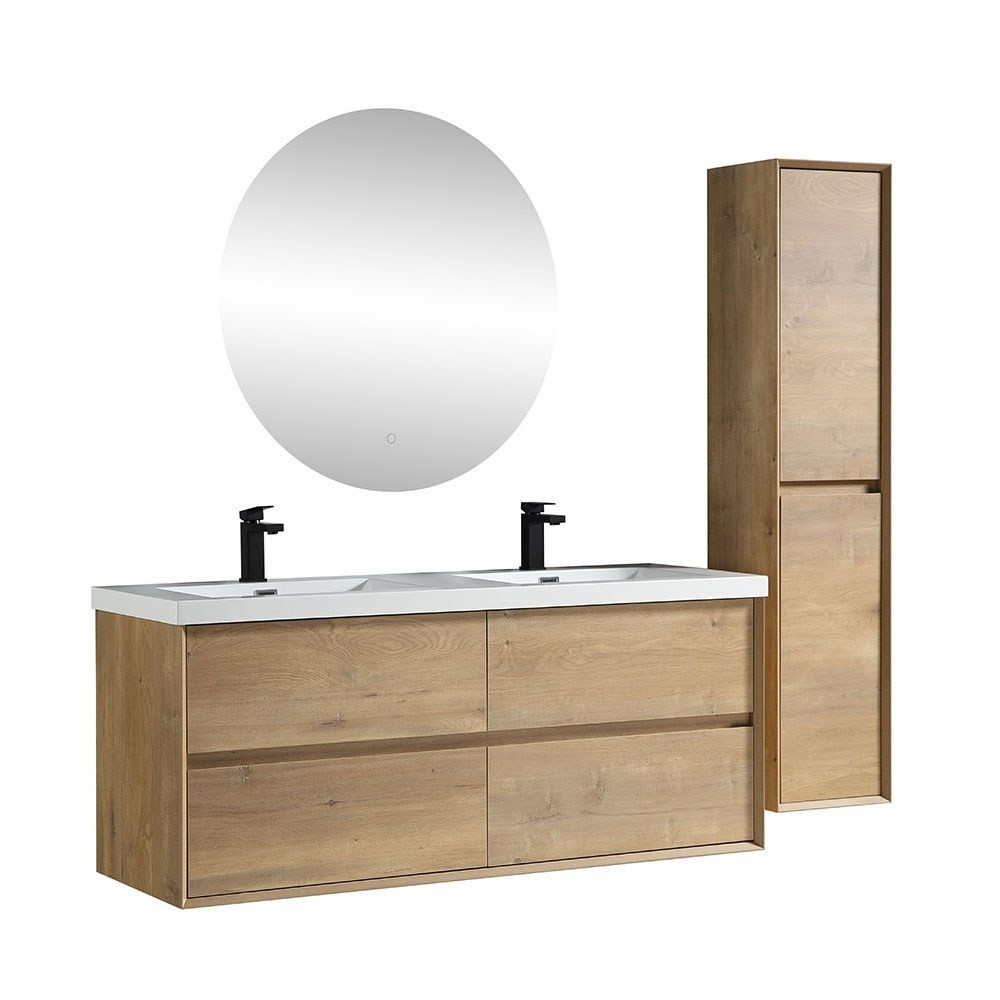 SLIM 60" DOUBLE SINK WHITE OAK WALL MOUNTED VANITY WITH REINFORCED