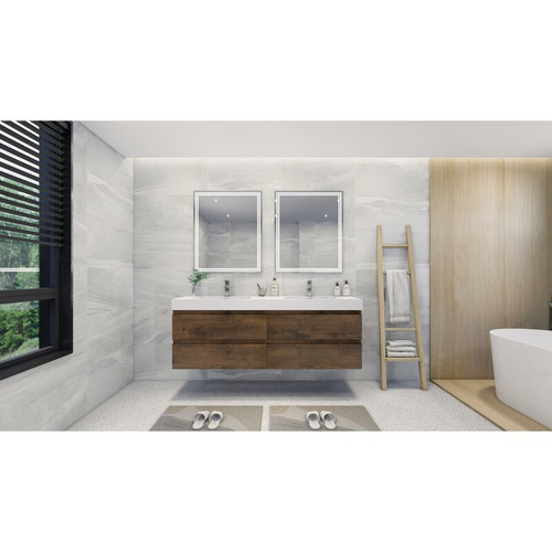 MOENO 72" DOUBLE SINK ROSE WOOD WALL MOUNTED MODERN BATHROOM VANITY WITH REEINFORCED ACRYLIC SINK