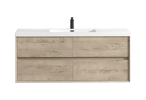 SLIM 60" SINGLE SINK LIGHT WHITE OAK WALL MOUNTED VANITY WITH REINFORCED ACRYLIC SINKS