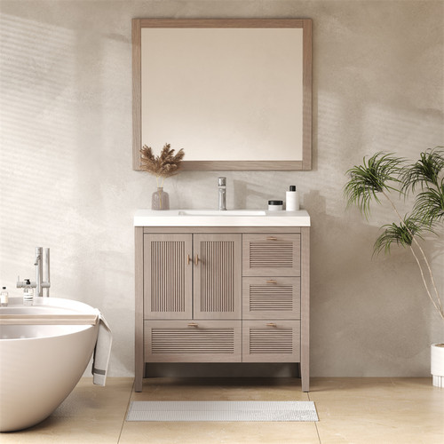 NCS 36" Louvered Freestanding Bathroom Vanity with Acrylic Sink (Right drawer)