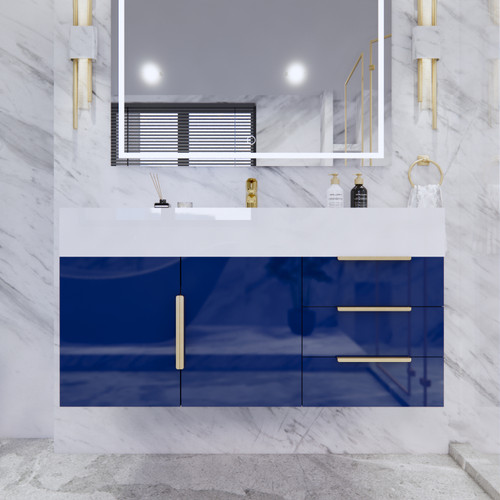 BT001 42" Modern Wall-Mounted Floating Bathroom Vanity with Right Drawers and Reinforced Acrylic Sink Top
