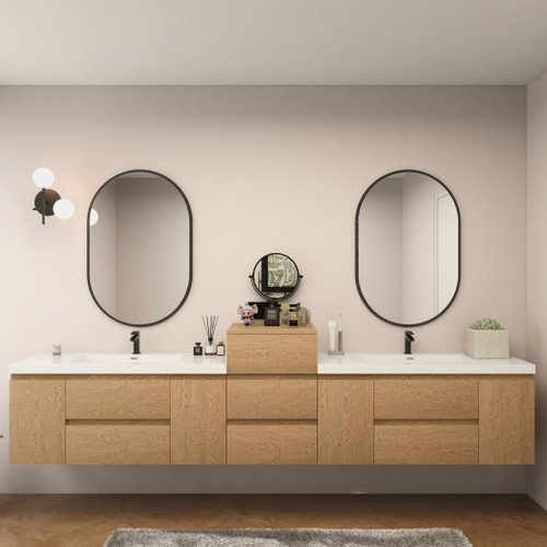 MOB 116" Modern Wall-Mounted Floating Double Sink Bathroom Vanity with 20" Center Storage Cabinet & Reinforced Acrylic Sink Tops