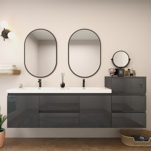 MOB 80" Modern Wall-Mounted Floating Double Sink Bathroom Vanity with 20" Side Storage Cabinet & Reinforced Acrylic Sink Top