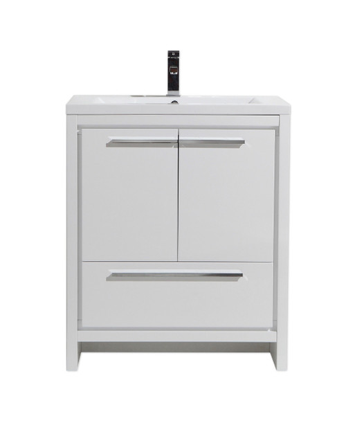 MORENO DOLCE 30'' HIGH GLOSS WHITE MODERN BATHROOM VANITY W/ 2 DOORS AND ACRYLIC SINK