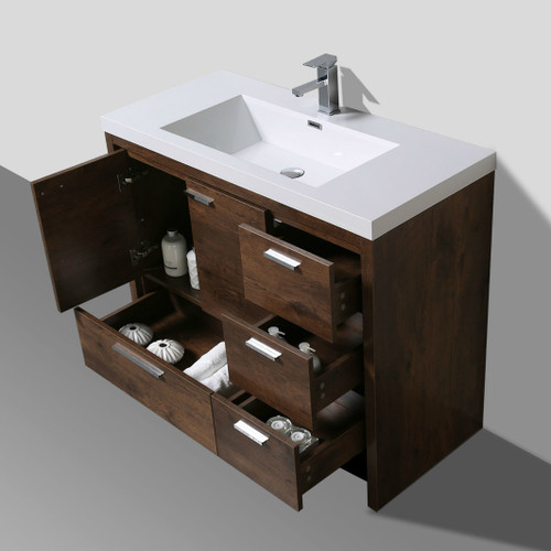 MORENO MOD 42” ROSEWOOD MODERN BATHROOM VANITY W/ RIGHT SIDE DRAWERS