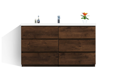 MOA 60'' SINGLE SINK ROSEWOOD MODERN BATHROOM VANITY W/ 6 DRAWERS AND ACRYLIC SINK