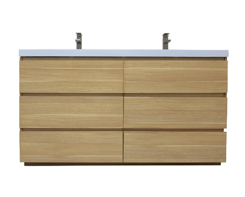 MOA 72'' DOUBLE SINK WHITE OAK MODERN BATHROOM VANITY W/ 6 DRAWERS AND ACRYLIC SINK