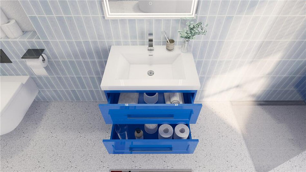 T&T 30 Inch Wall Mounted Vanity with Reinforced Acrylic Sink High Gloss Blue