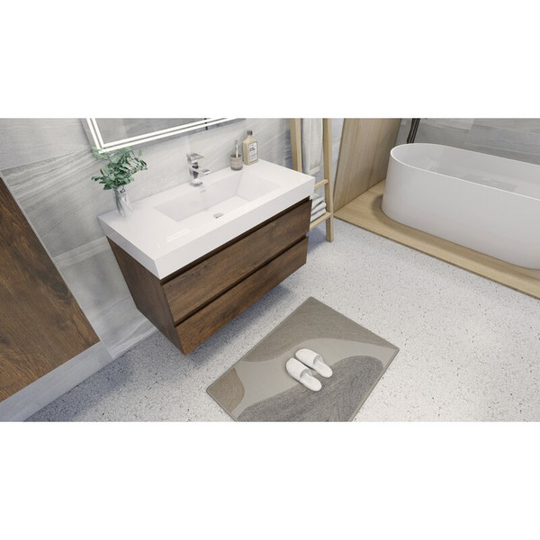 MOENO 42" ROSE WOOD WALL MOUNTED MODERN BATHROOM VANITY WITH REEINFORCED ACRYLIC SINK