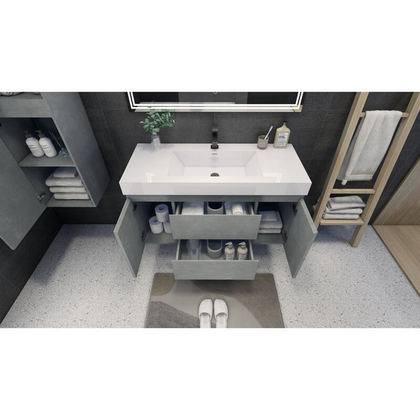 MOENO 48" CONCRETE GREY WALL MOUNTED MODERN BATHROOM VANITY WITH REEINFORCED ACRYLIC SINK