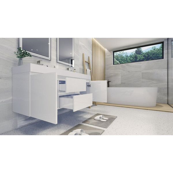MOENO 60" DOUBLE SINK HIGH GLOSS WHITE WALL MOUNTED MODERN BATHROOM VANITY WITH REEINFORCED ACRYLIC SINK