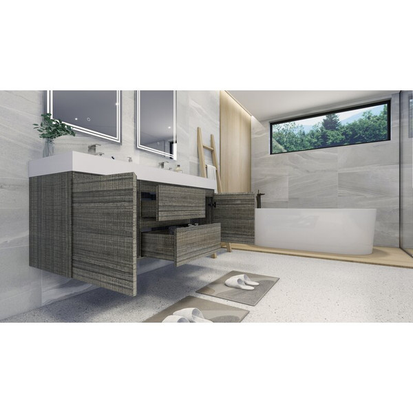 MOENO 60" DOUBLE SINK High Gloss Ash Grey WALL MOUNTED MODERN BATHROOM VANITY WITH REEINFORCED ACRYLIC SINK