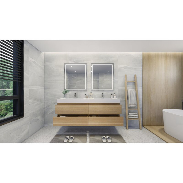 MOENO 72" DOUBLE SINK WHITE OAK WALL MOUNTED MODERN BATHROOM VANITY WITH REEINFORCED ACRYLIC SINK