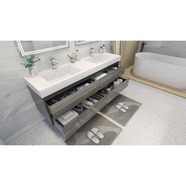 MOENO 72" DOUBLE SINK HIGH GLOSS ASH GREY WALL MOUNTED MODERN BATHROOM VANITY WITH REEINFORCED ACRYLIC SINK