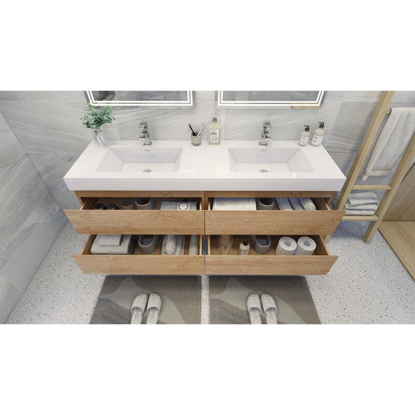 MOENO 84" DOUBLE SINK NEW ENGLAND OAK WALL MOUNTED MODERN BATHROOM VANITY WITH REEINFORCED ACRYLIC SINK