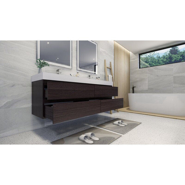 MOENO 84" DOUBLE SINK Dark Grey Oak WALL MOUNTED MODERN BATHROOM VANITY WITH REEINFORCED ACRYLIC SINK