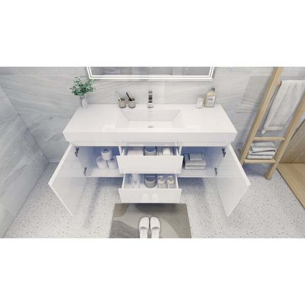 MOENO 60" SINGLE SINK HIGH GLOSS WHITE WALL MOUNTED MODERN BATHROOM VANITY WITH REEINFORCED ACRYLIC SINK