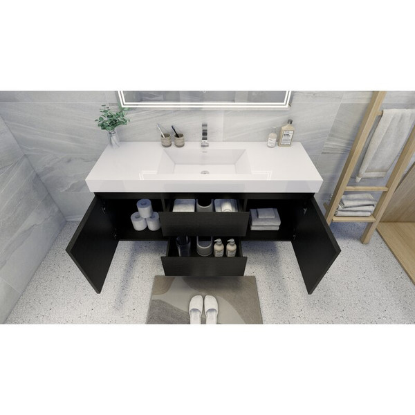 MOENO 60" SINGLE SINK BLACK WALL MOUNTED MODERN BATHROOM VANITY WITH REEINFORCED ACRYLIC SINK