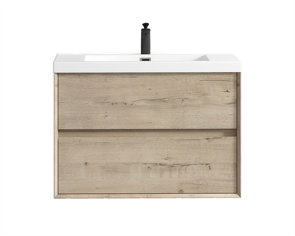 SLIM 36"Light  WHITE OAK WALL MOUNTED VANITY WITH REINFORCED ACRYLIC SINK