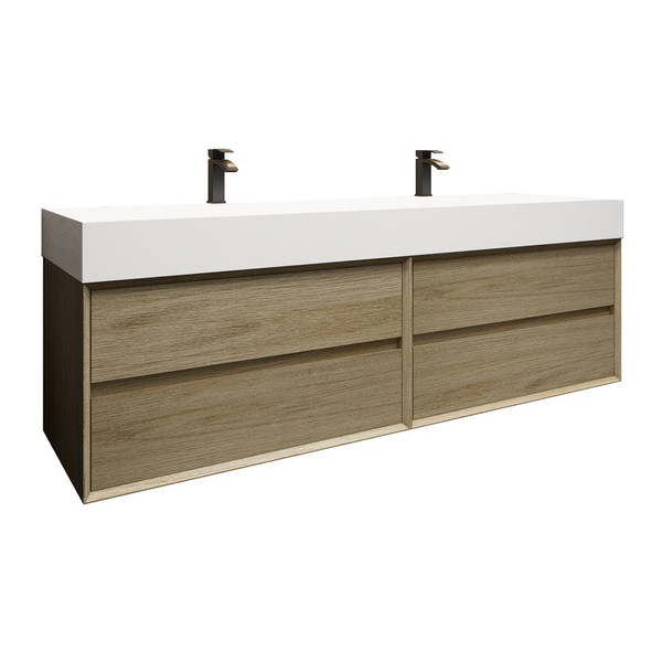 MAX 72" Double Sink Coffee Wood Wall Mounted Bath Vanity with 16 Acrylic Sink