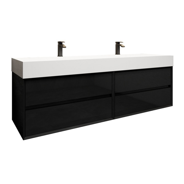 MAX 72" Double Sink Gloss Black Wall Mounted Bath Vanity with 16 Acrylic Sink