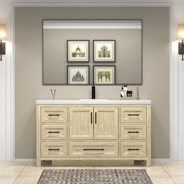 VIV 60" Solid Wood Freestanding Bathroom Vanity in Oak with Reinforced Acrylic Single Sink