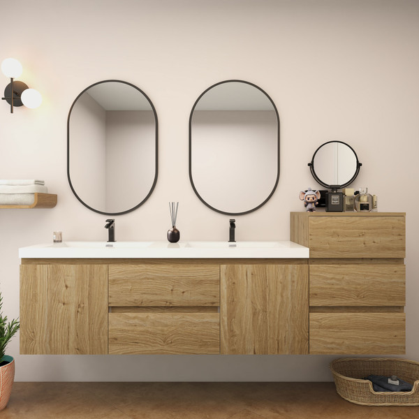 MOB 80" Modern Wall-Mounted Floating Double Sink Bathroom Vanity with 20" Side Storage Cabinet & Reinforced Acrylic Sink Top