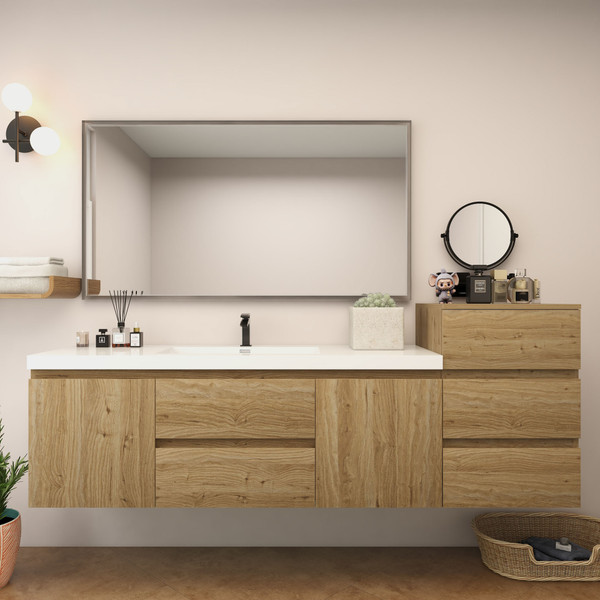 MOB 80" Modern Wall-Mounted Floating Single Sink Bathroom Vanity with 20" Side Storage Cabinet & Reinforced Acrylic Sink Top