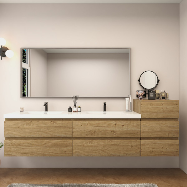 MOB 92" Modern Wall-Mounted Floating Double Sink Bathroom Vanity with 20" Side Storage Cabinet & Reinforced Acrylic Sink Top