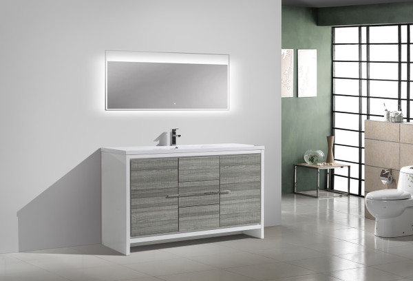 MORENO DOLCE 60'' SIGNLE SINK ASH GRAY MODERN BATHROOM VANITY W/ 2 DOORS 3 DRAWERS AND ACRYLIC SINK