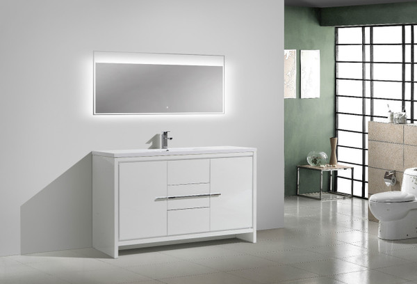 MORENO DOLCE 60'' SINGLE SINK HIGH GLOSS WHITE MODERN BATHROOM VANITY W/ 2 DOORS 3 DRAWERS AND ACRYLIC SINK