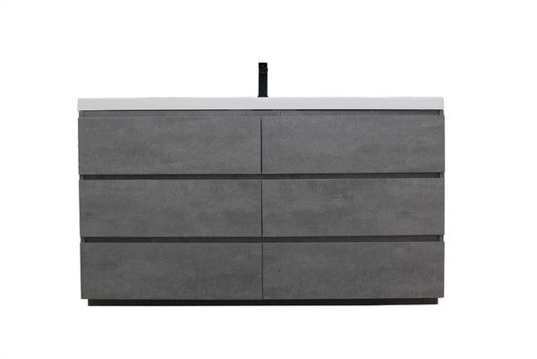 MOA 60'' SINGLE SINK CONCRETE GRAY MODERN BATHROOM VANITY W/ 6 DRAWERS AND ACRYLIC SINK