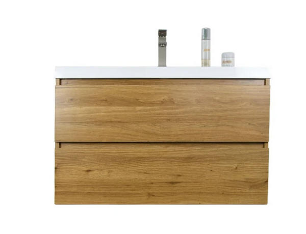 MORENO MOB 36" NATURAL OAK WALL MOUNTED MODERN BATHROOM VANITY WITH REEINFORCED ACRYLIC SINK