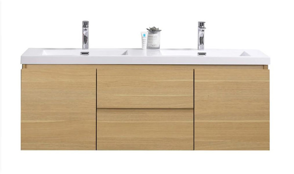 MORENO MOB 60" DOUBLE SINK WHITE OAK WALL MOUNTED MODERN BATHROOM VANITY WITH REEINFORCED ACRYLIC SINK