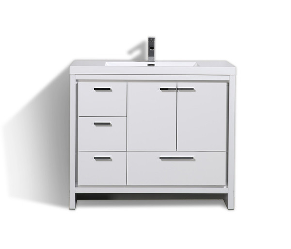 MORENO DOLCE 42'' HIGH GLOSS WHITE MODERN BATHROOM VANITY W/ LEFT SIDE DRAWERS AND ACRYLIC SINK