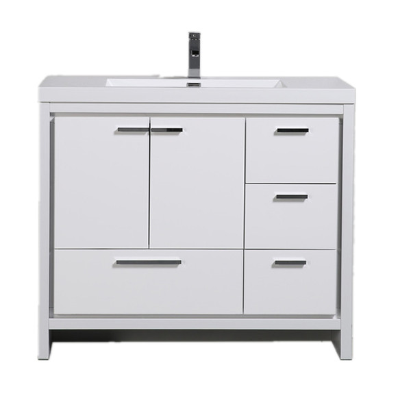 MORENO DOLCE 42'' HIGH GLOSS WHITE MODERN BATHROOM VANITY W/ RIGHT SIDE DRAWERS AND ACRYLIC SINK