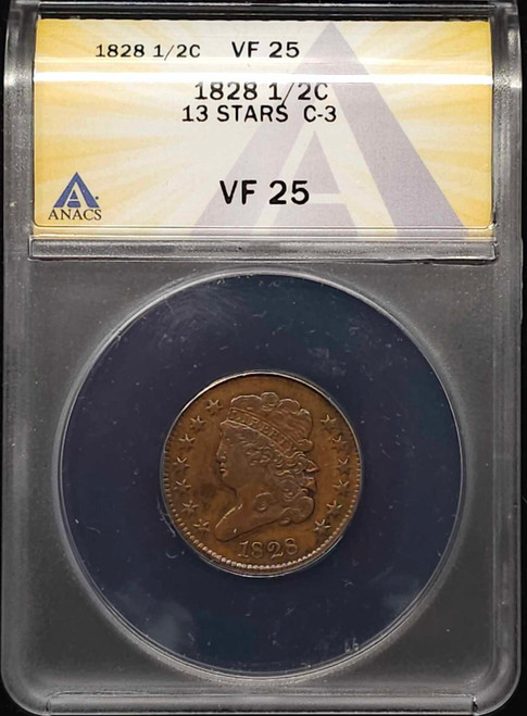 1828 1/2C, ANACS VF25, 13 Stars, C-3 1828 1/2C, ANACS VF25, 13 Stars, C-3