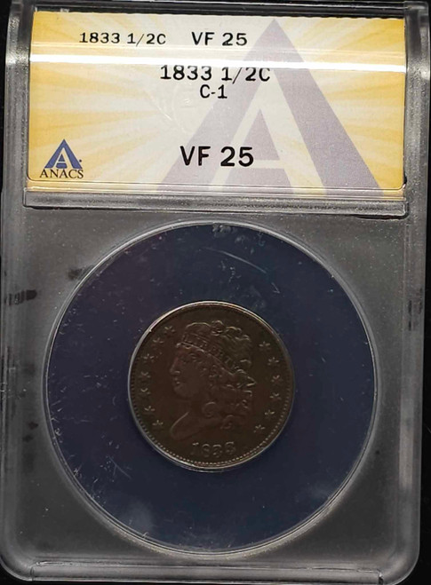 1833 1/2C, ANACS VF25, C-1 1833 1/2C, ANACS VF25, C-1