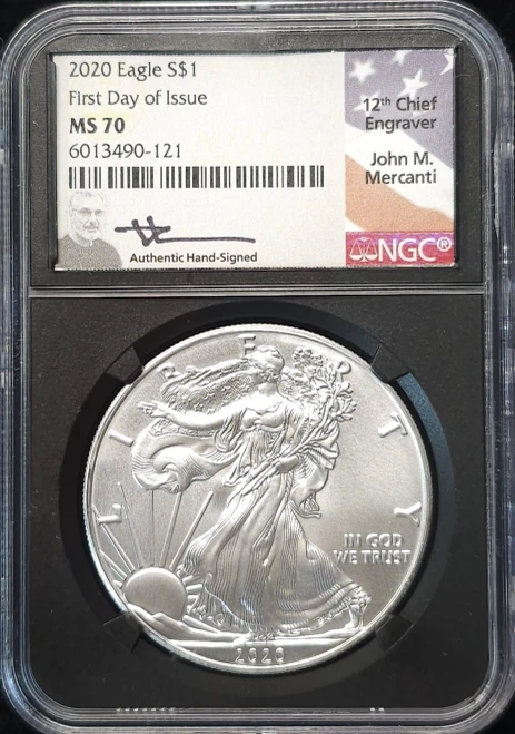 NGC MS 70, 2020, Silver Eagle, First Day of Issue, Mercanti Signed