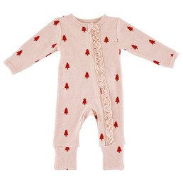 Waffle Knit Cozy Romper With Ruffles - Trees Waffle Knit Cozy Romper With Ruffles - Trees