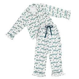 Full-Length Ruffle PJ Set With Velvet Tie - Ivory + Forest Green FALALA