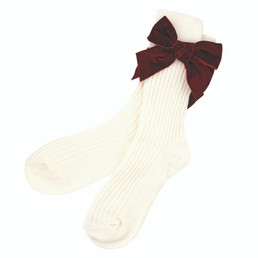 Cotton Socks in Ornament - Ivory + Burgundy Velvet Bow