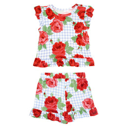 Two-Piece Short Sleeve + Shorts Ruffle Set - Blue Gingham + Red Roses