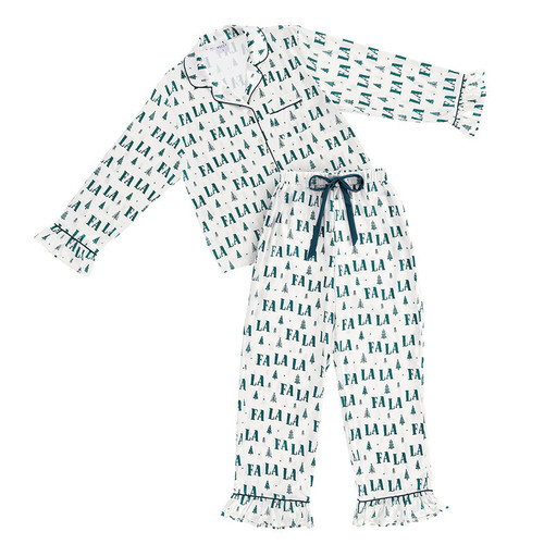 Full-Length Ruffle PJ Set With Velvet Tie - Ivory + Forest Green FALALA